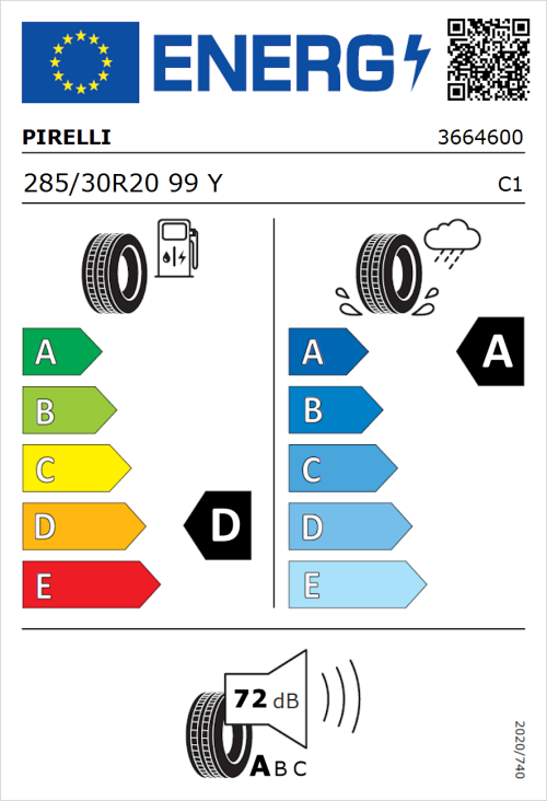 Tyre Label for Pirelli P Zero Corsa 285/30R20 99Y