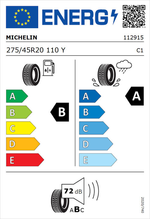 Tyre Label for Michelin Pilot Sport 5 275/45R20 110Y