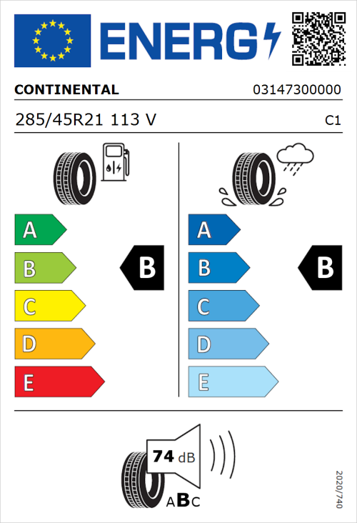 Tyre Label for Continental PremiumContact C 285/45R21 113V