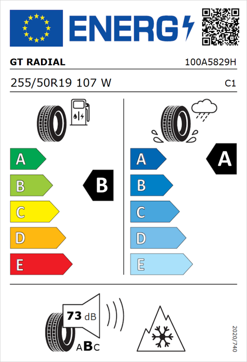 Tyre Label for GT Radial Climate Active 255/50R19 107W