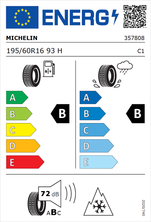 Tyre Label for Michelin CrossClimate 3 195/60R16 93H