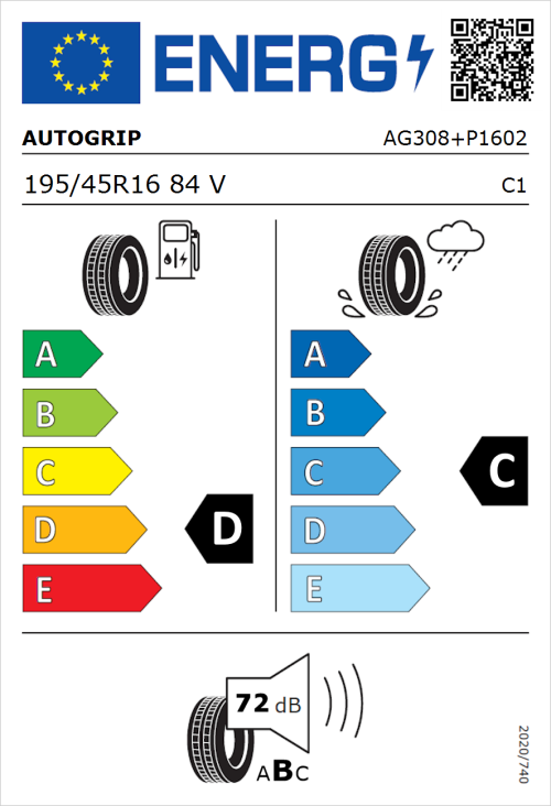 Tyre Label for Autogrip P308 Plus 195/45R16 84V